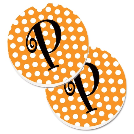 Carolines Treasures Monogram Initial P Orange Polkadots Set of 2 Cup Holder Car Coaster CJ1033-PCARC